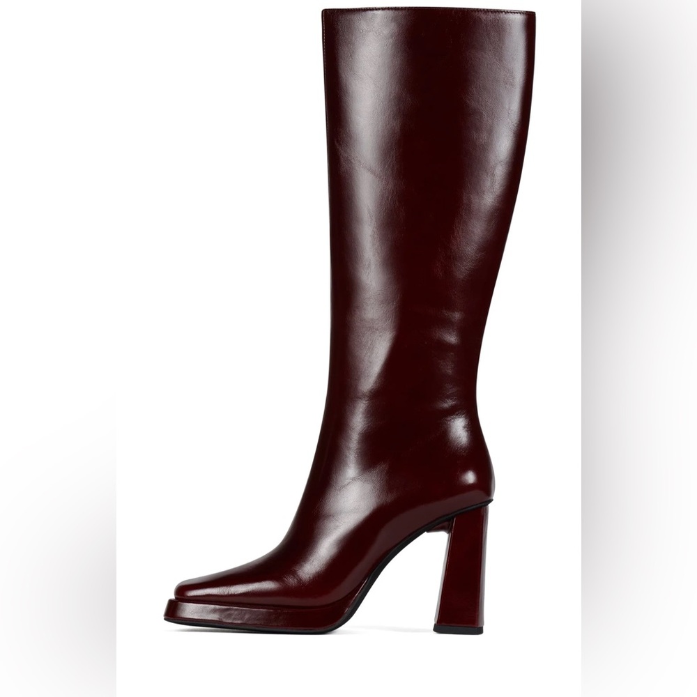 Jeffrey Campbell Maximal Wine Knee High Heeled Boots Deep Burgundy Square Toe